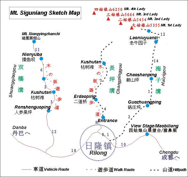 Siguniangshan Route Map,Sichuan